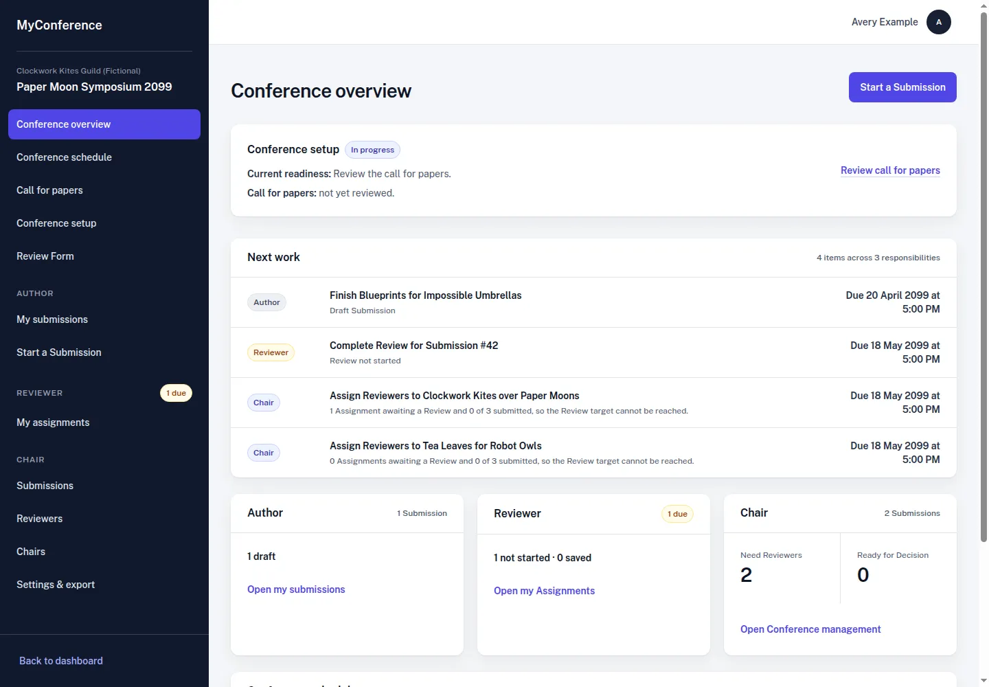 MyConference Conference overview at desktop width with fictional Clockwork Kites Guild data, four work items, three responsibility summaries, and 2099 deadlines.
