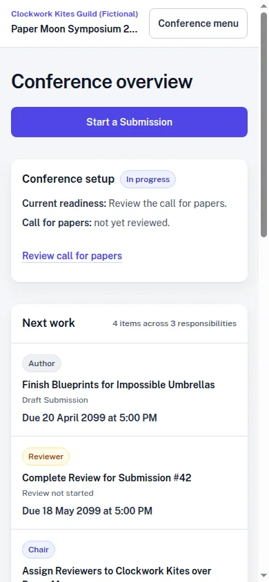 MyConference Conference overview at phone width with fictional Clockwork Kites Guild data and the same 2099 work queue reflowed into one column.
